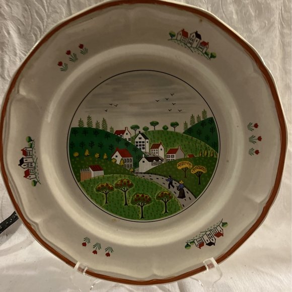Vintage Newcor Stoneware Country Village 12" Round Platter Serving Plate - Picture 8 of 8